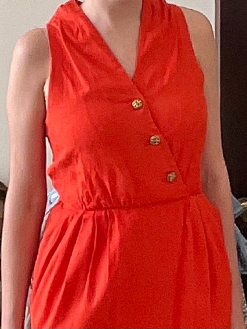 Albert Nipon Sleeveless Red Midi Dress with Gold Buttons